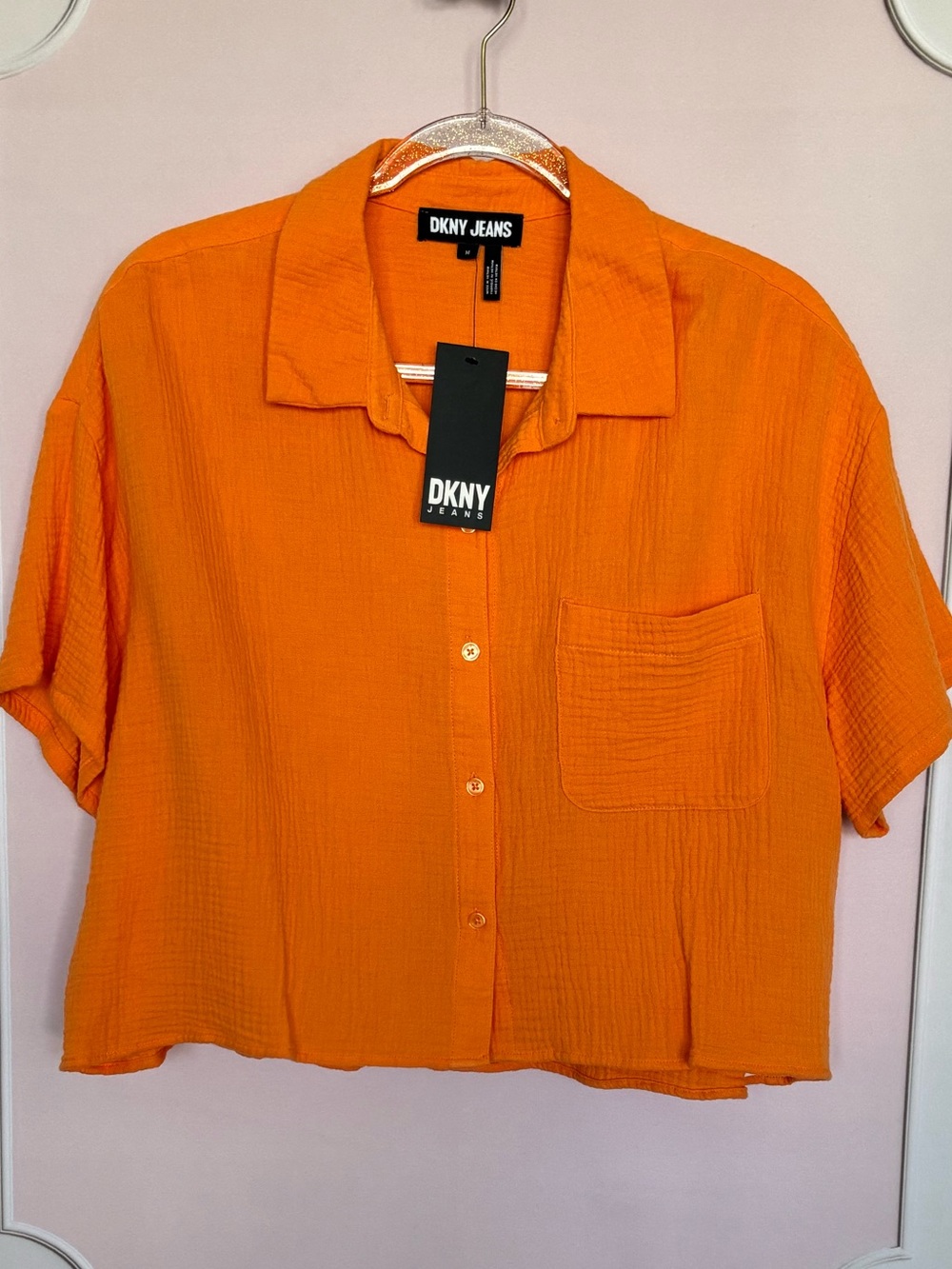 DKNY JEANS Oversized Short Sleeve Cotton Cropped Button Front Shirt--NWT--M